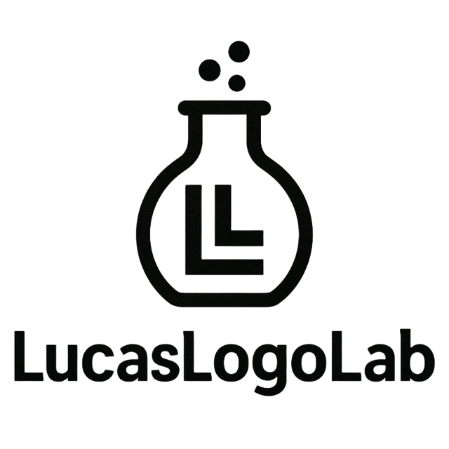 LucasLogoLab logo: black flask icon with an “L” and three dots above the wordmark on white background