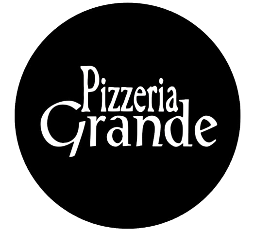 Black circular logo with white text reading “Pizzeria Grande”