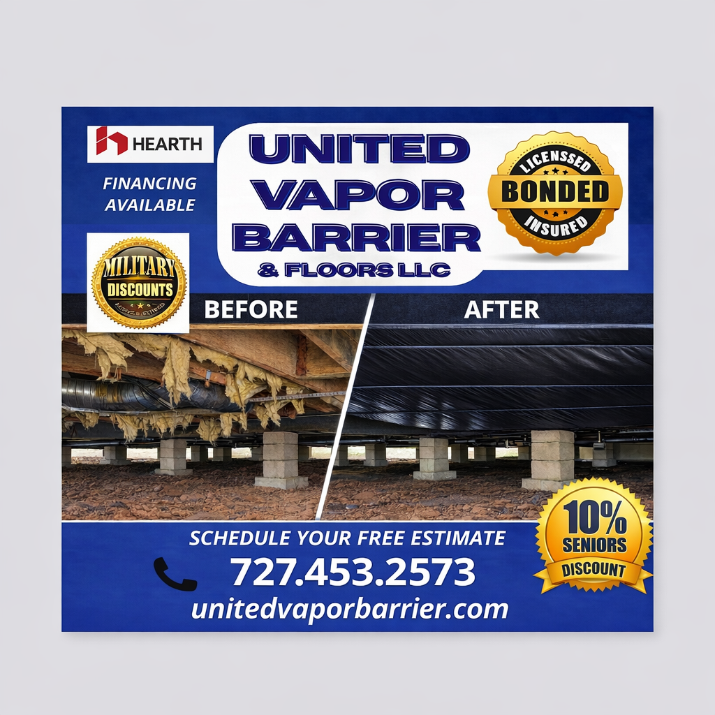 Ad for United Vapor Barrier & Floors LLC. It shows before/after of a crawlspace and offers discounts. Ad for United Vapor Barrier & Floors LLC. It shows before/after of a crawlspace and offers discounts.