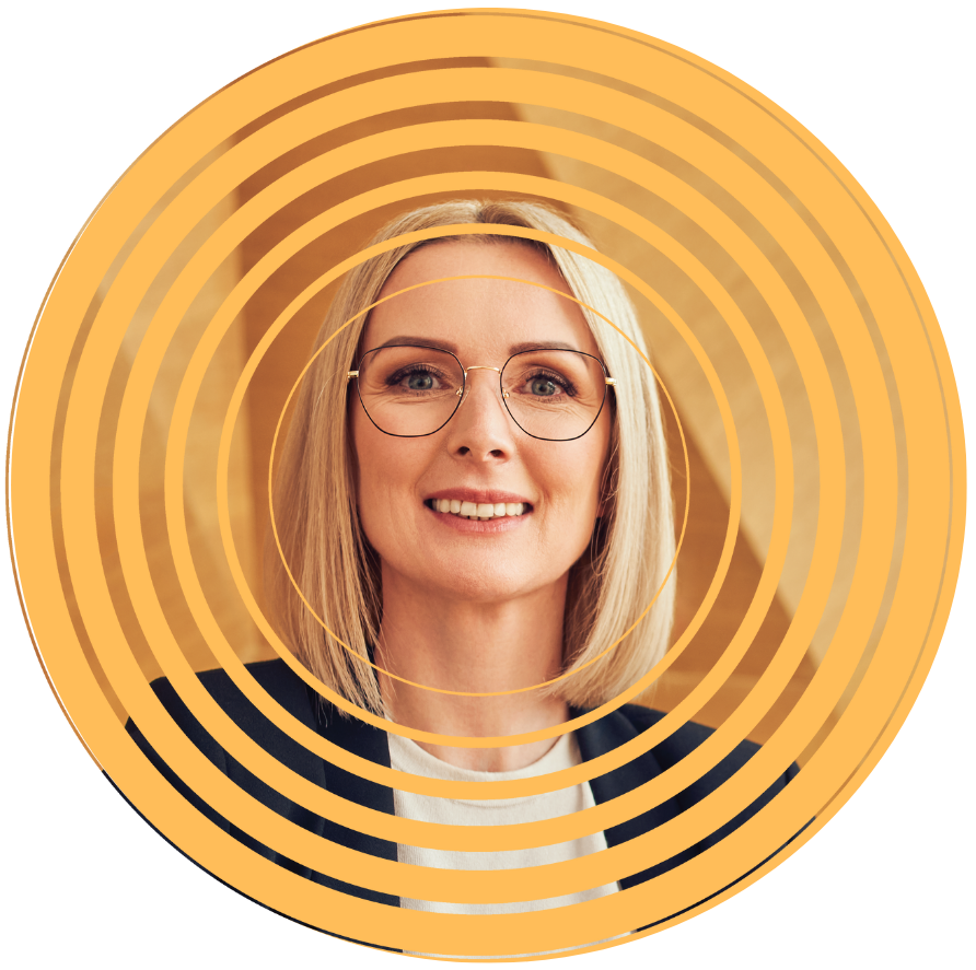 A woman wearing glasses is smiling in a yellow circle.