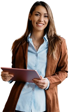 A woman in a brown jacket is holding a tablet and smiling.