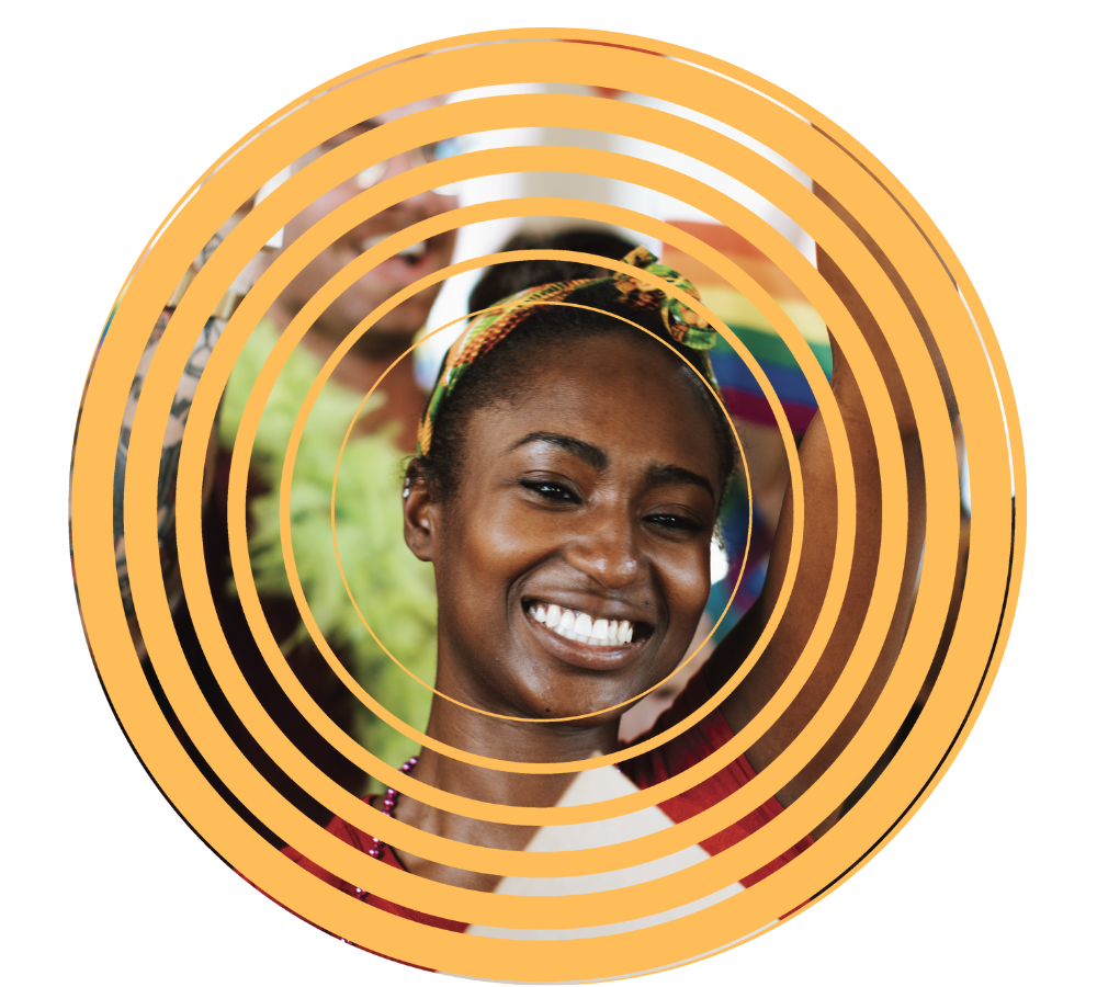 A woman is smiling in a yellow circle