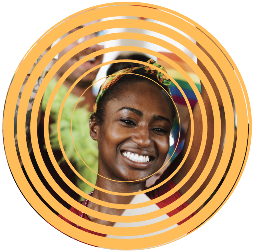 A woman is smiling in a yellow circle