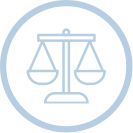 A line drawing of a scale of justice in a circle.
