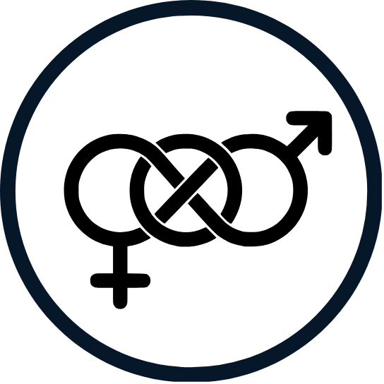 A black and white icon of a female and male symbol in a circle.