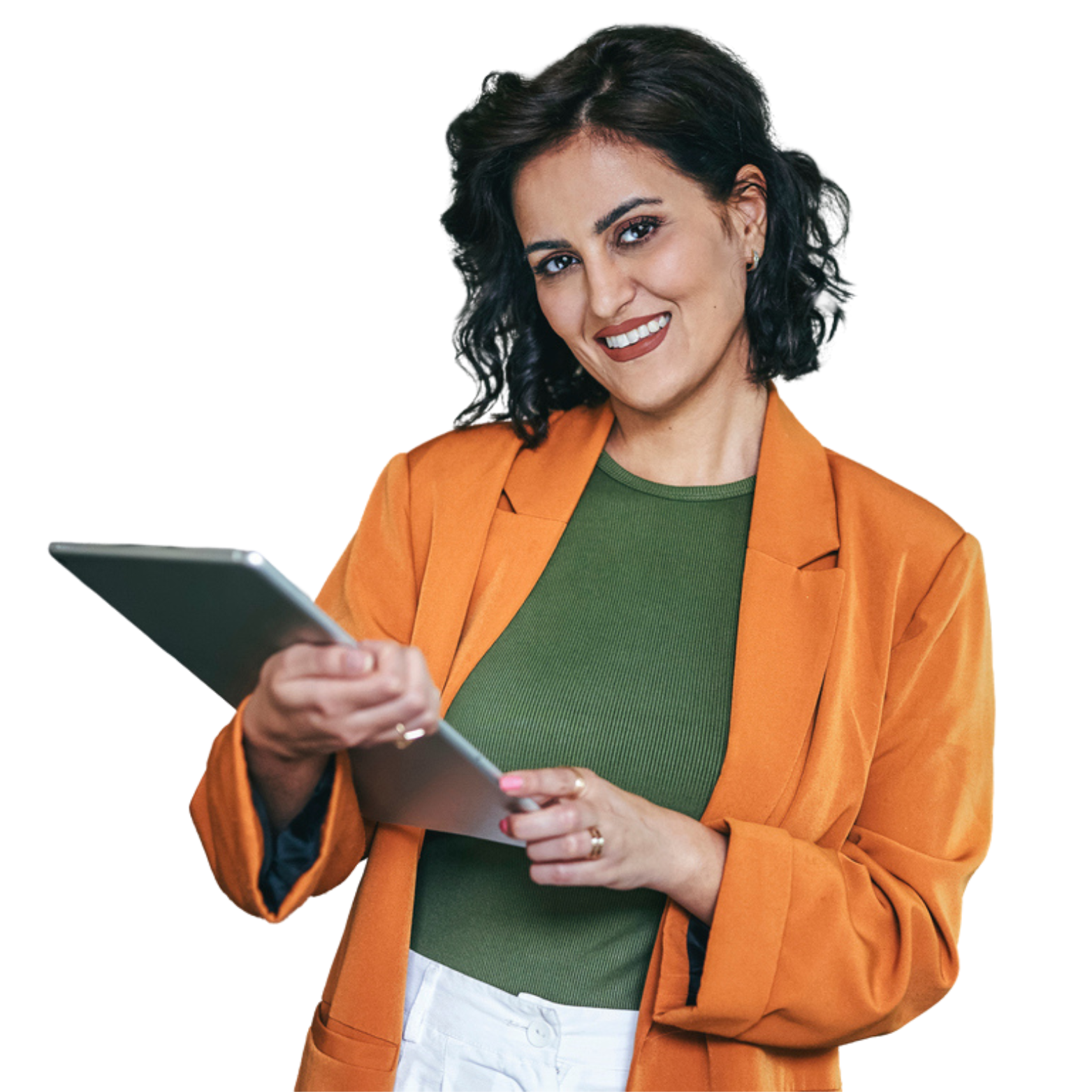 A woman in an orange jacket is holding a tablet and smiling.