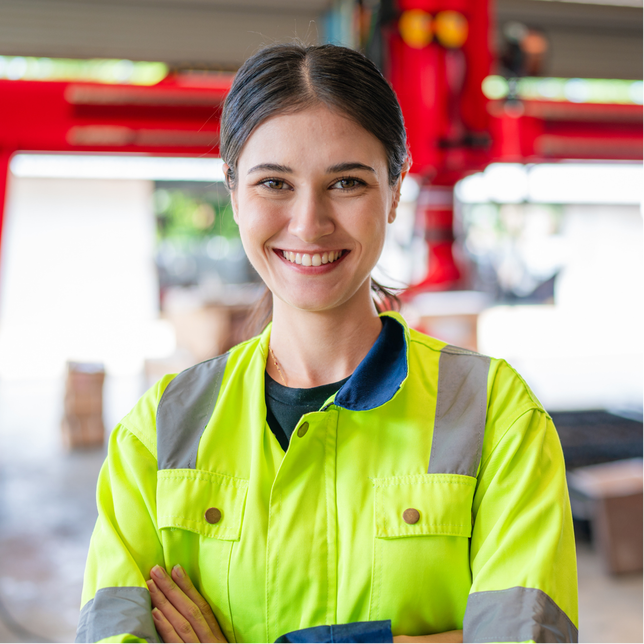 A woman in a yellow safety jacket is smiling with her arms crossed.