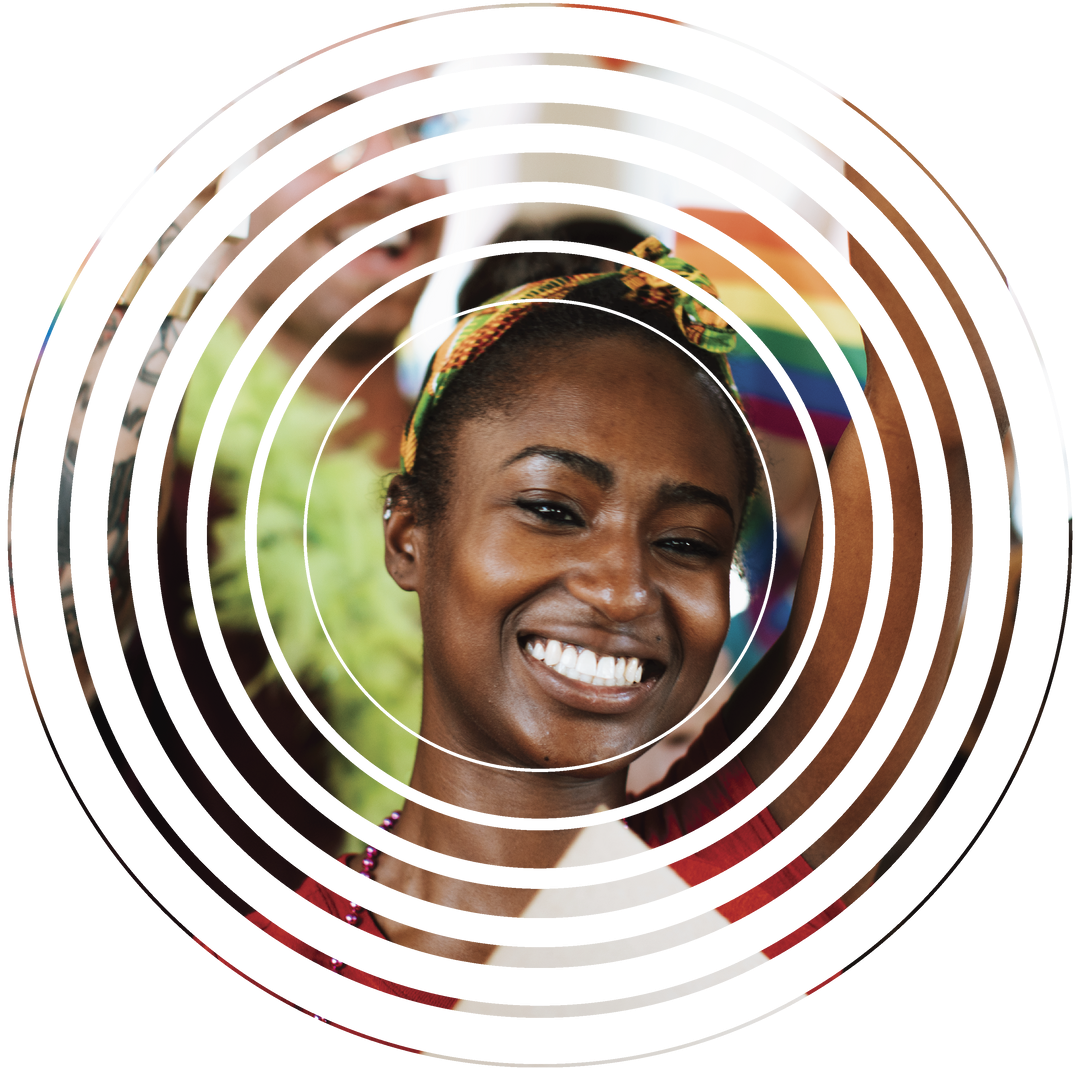 A woman is smiling in a white circle