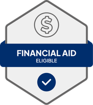 Badge: Financial Aid Eligible, blue banner, building icon, dollar sign.