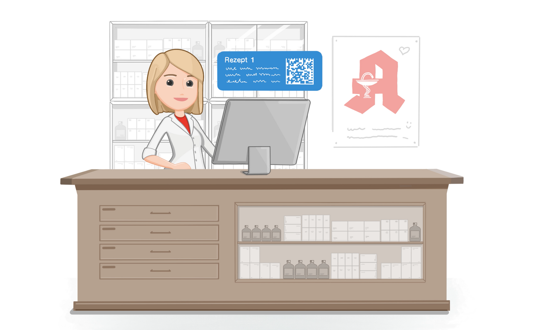 Eine Frau sitzt mit einem Computer an einem Tresen in einer Apotheke.