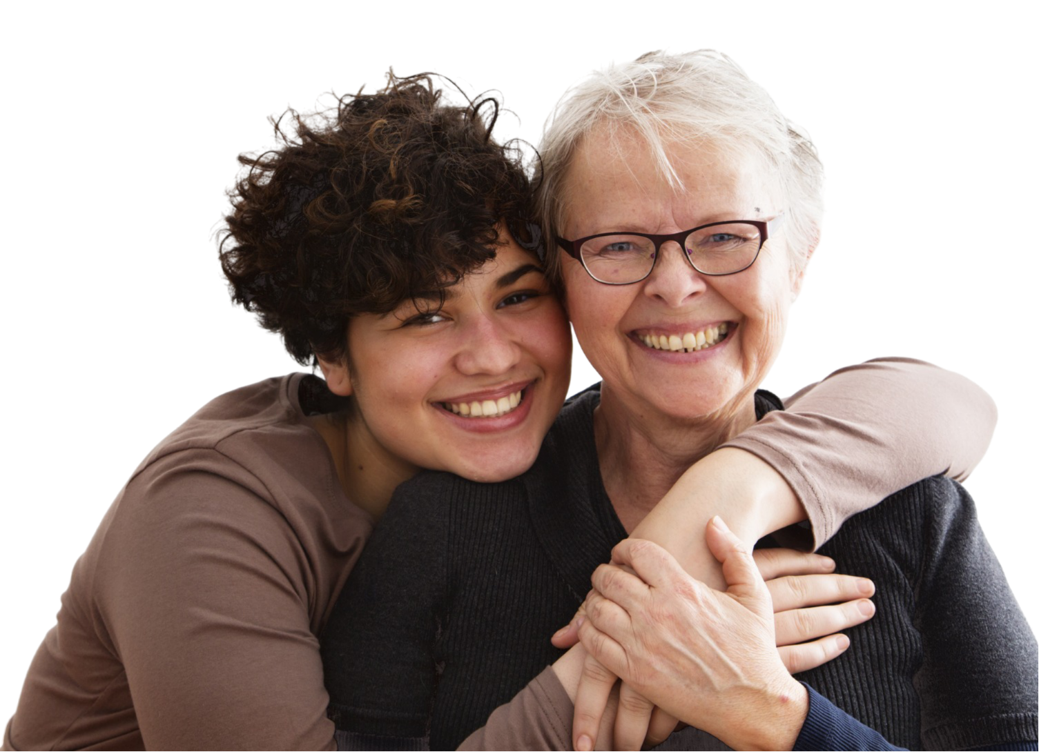 A young woman is hugging an older woman with glasses