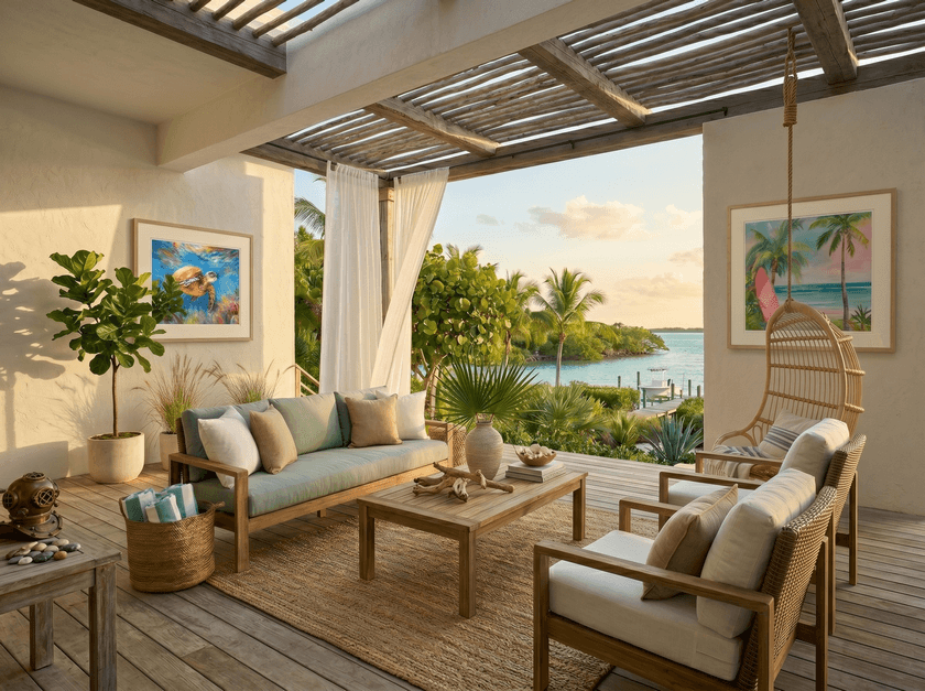 Tropical patio lounge with woven sofas, coffee table, and open ocean view at sunset.