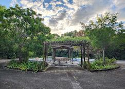 Garden walkway with pergola, surrounding trees, and a cloudy sky