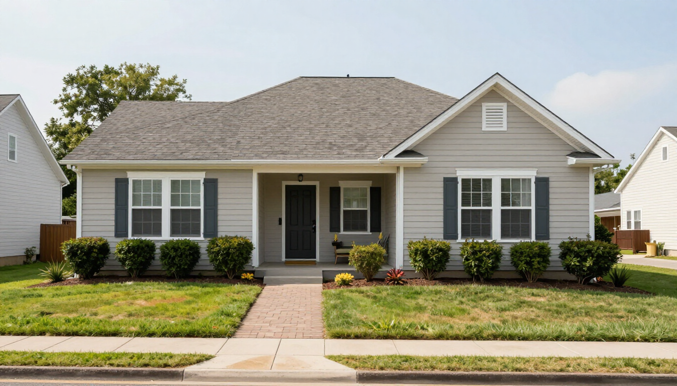 Single-story gray house with white trim, front walkway, and manicured lawn under a cloudy sky