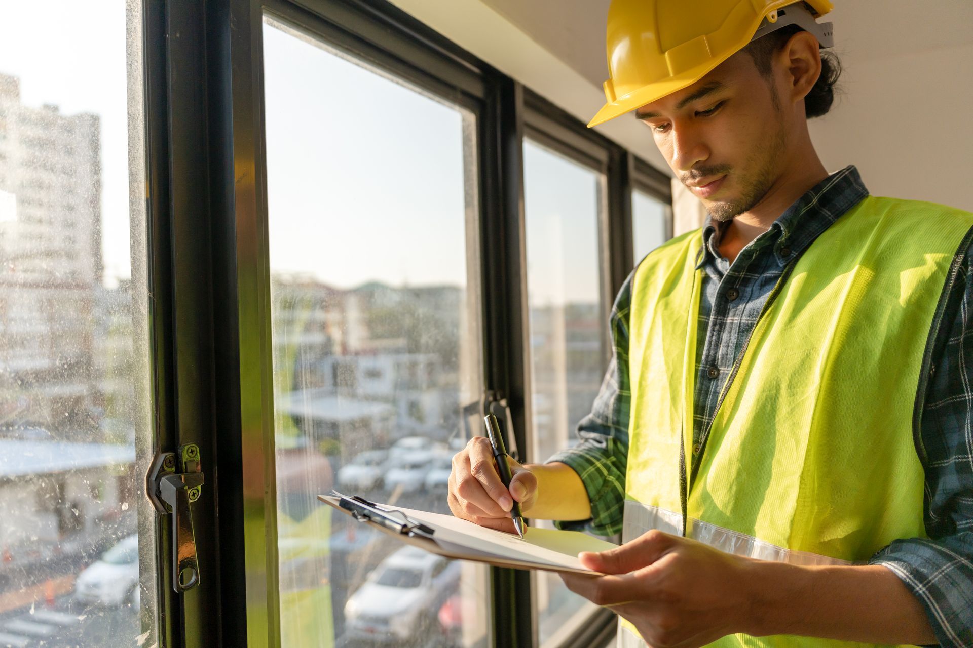 A construction worker is writing on a clipboard in front of a window.