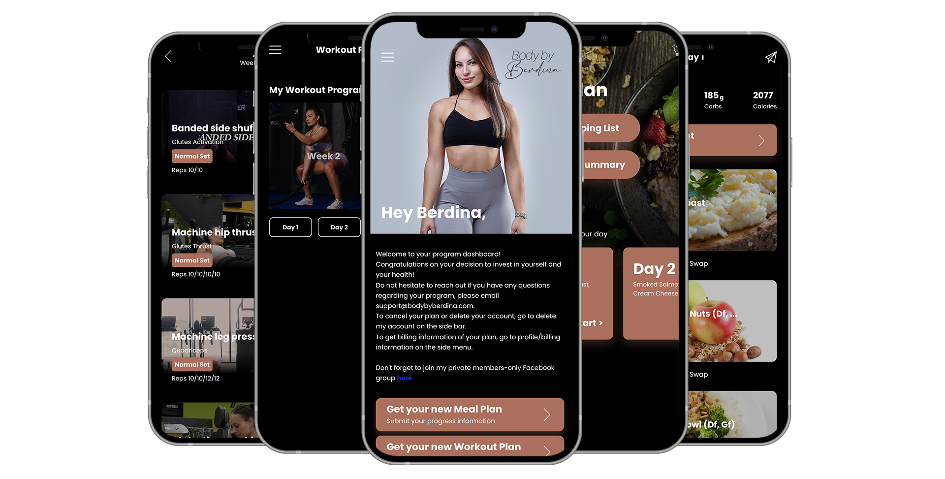 Five smartphone screens showing a fitness app, with a woman in workout gear, fitness content, and a brown and black color scheme.