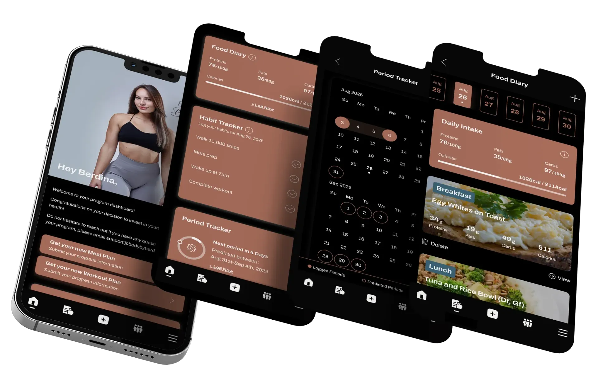 Screenshots of a fitness app on mobile devices with a woman on the first screen and food images on the last.