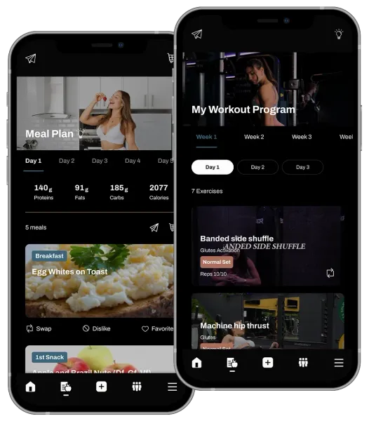 Two smartphones displaying a fitness app: meal plans and workout programs.