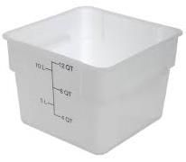 Contenedor de almacenamiento de alimentos de plástico transparente con marcas de capacidad.