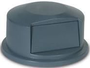 Tapa de bote de basura de plástico gris con apertura con bisagra.