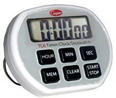 Temporizador de cocina digital blanco con botones negros; muestra 