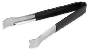 Pinzas con mangos negros y extremos metálicos, para agarrar o servir alimentos.