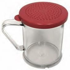 Coctelera de plástico transparente con tapa perforada y asa de color rojo.