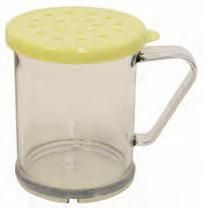 Salero de plástico transparente con tapa y asa de color amarillo.