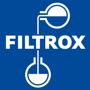 Logotipo azul con FILTROX en texto blanco, vasos conectados.