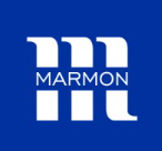 Cuadrado azul con logotipo de Marmon blanco: “M” estilizada con tres barras verticales y texto “MARMON”.