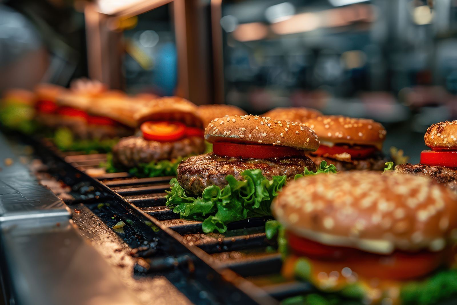 Hamburguesas en una cinta transportadora; panecillos con semillas de sésamo, tomate, lechuga y hamburguesas cocidas.