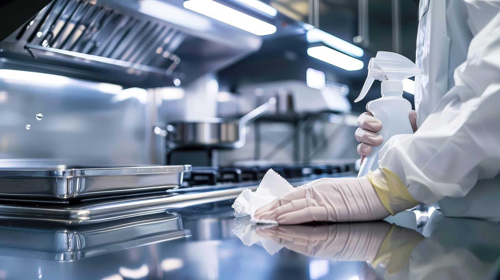 Una persona con equipo de protección rocía y limpia una encimera de cocina de acero inoxidable.