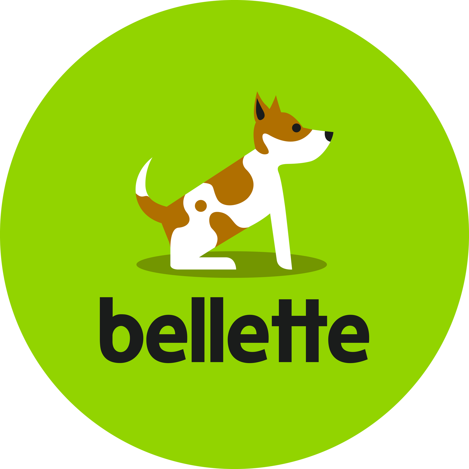 A brown and white dog is sitting in a green circle.