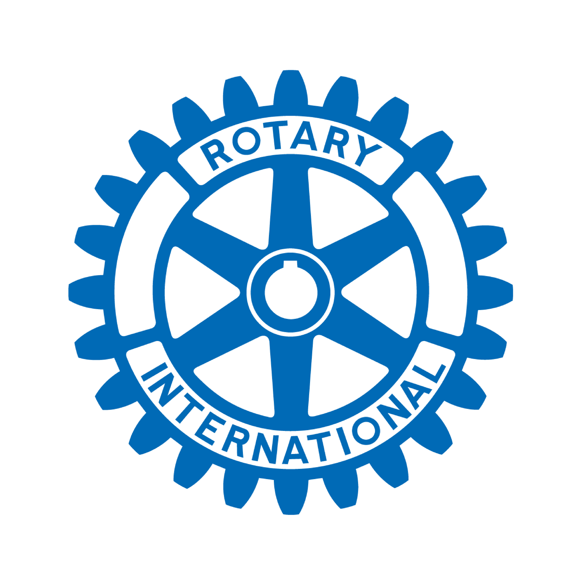 A blue and white rotary international logo on a white background