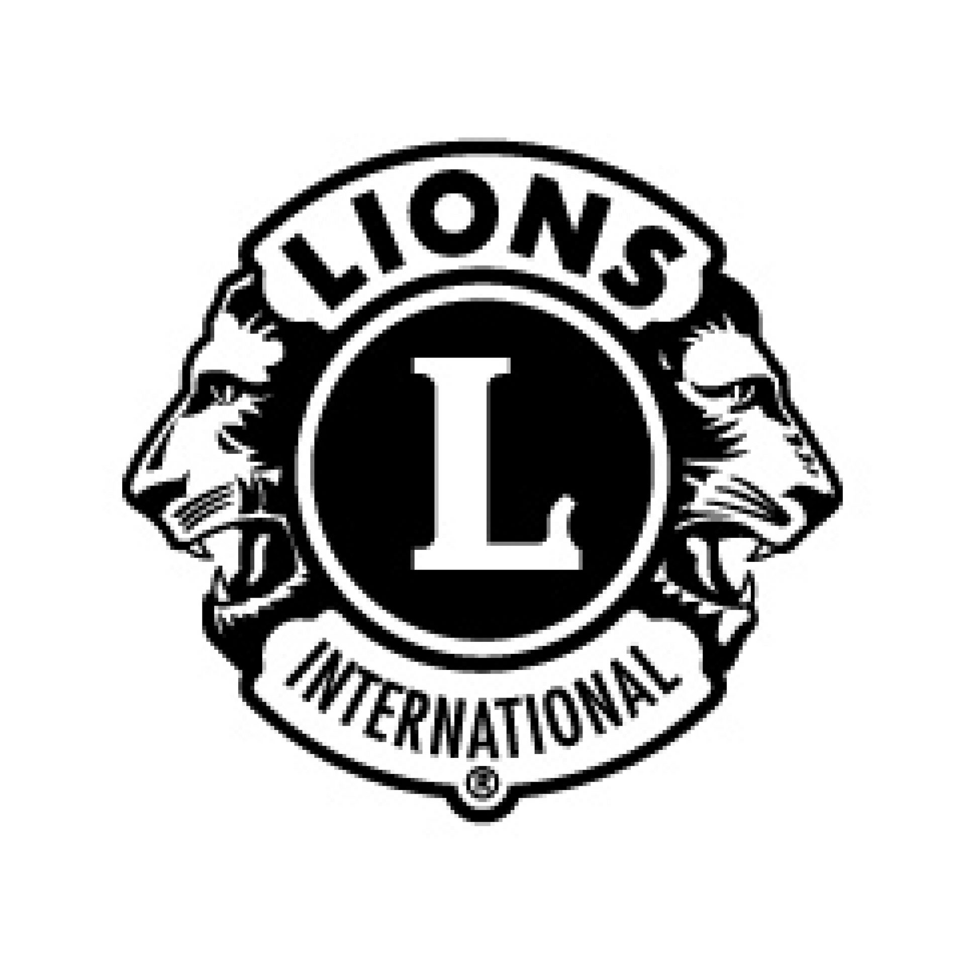 A black and white logo for the lions international club.