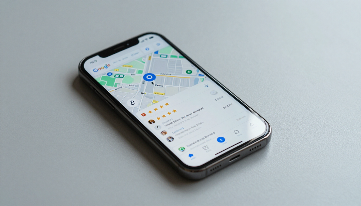Smartphone showing Google Maps local business listing with five-star rating