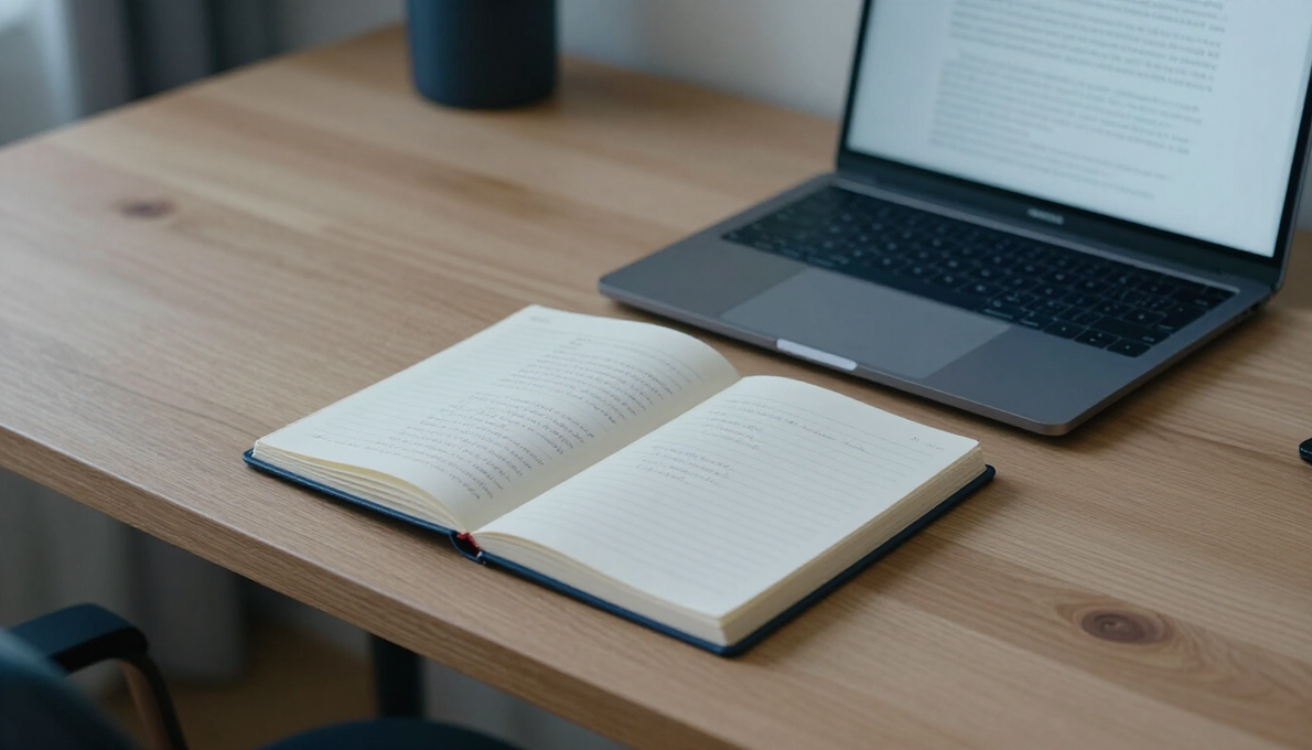 Writer workspace with notebook and laptop showing blog draft