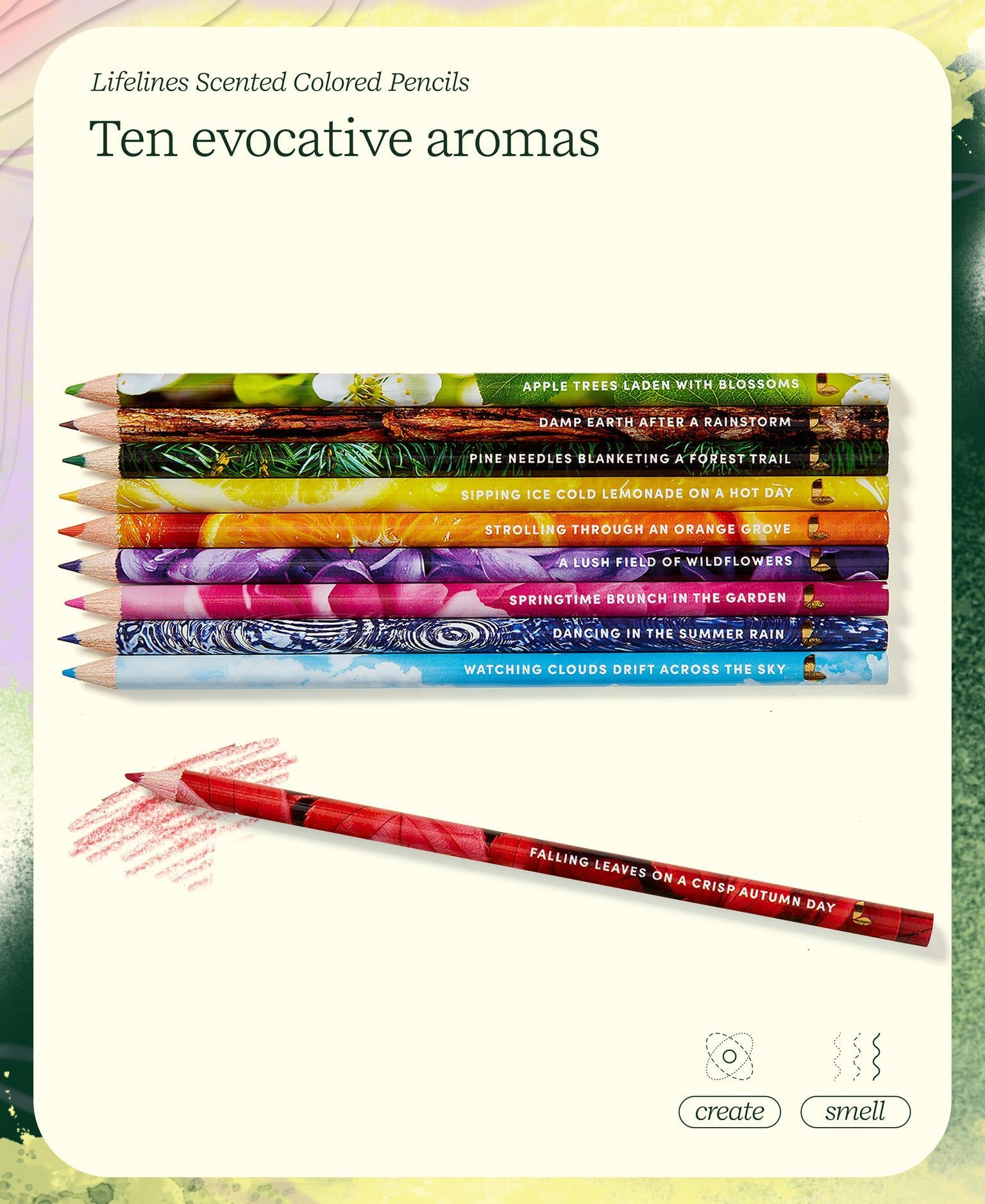 A stack of colored pencils with different scents on them.
