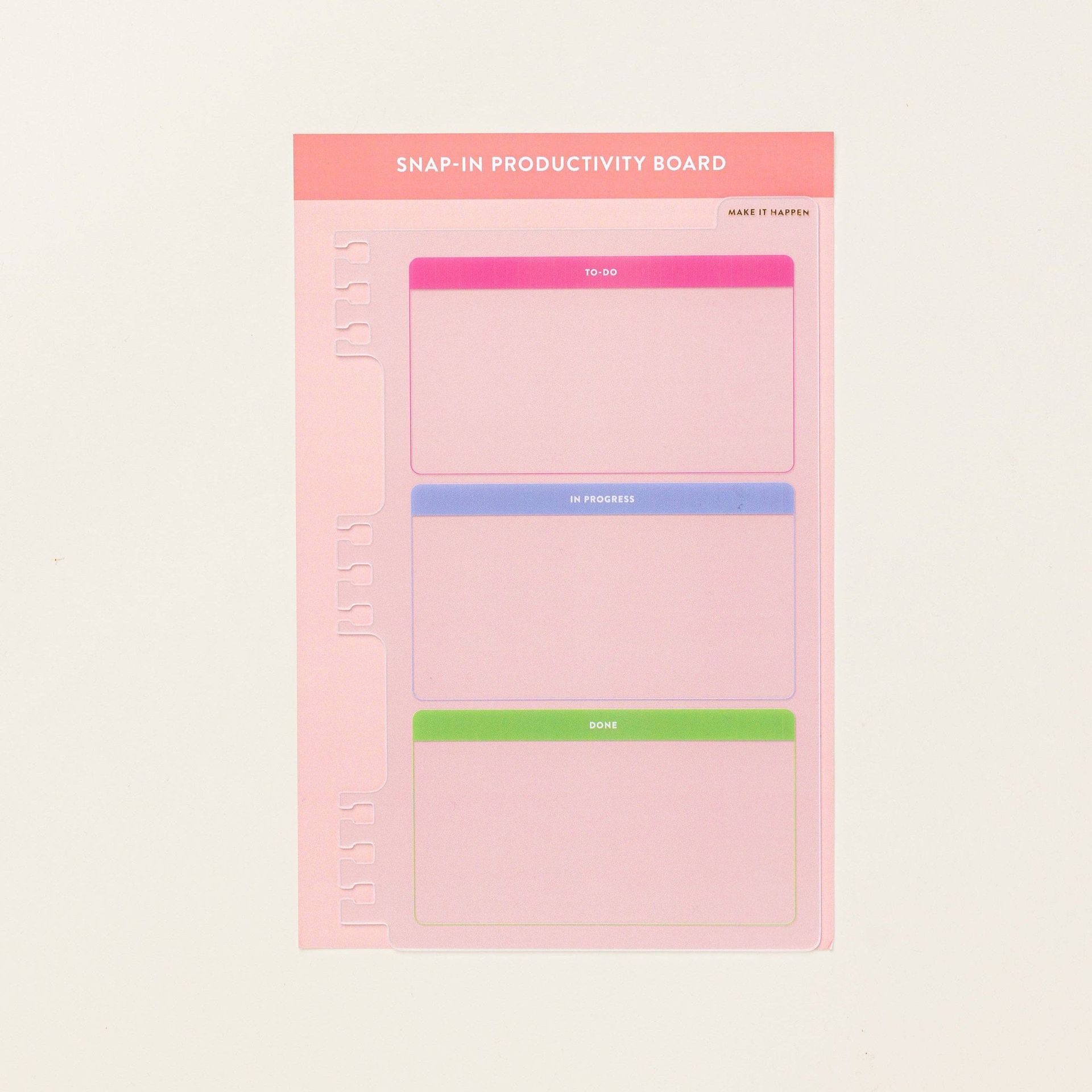 A pink productivity board with three boxes on it on a white background.