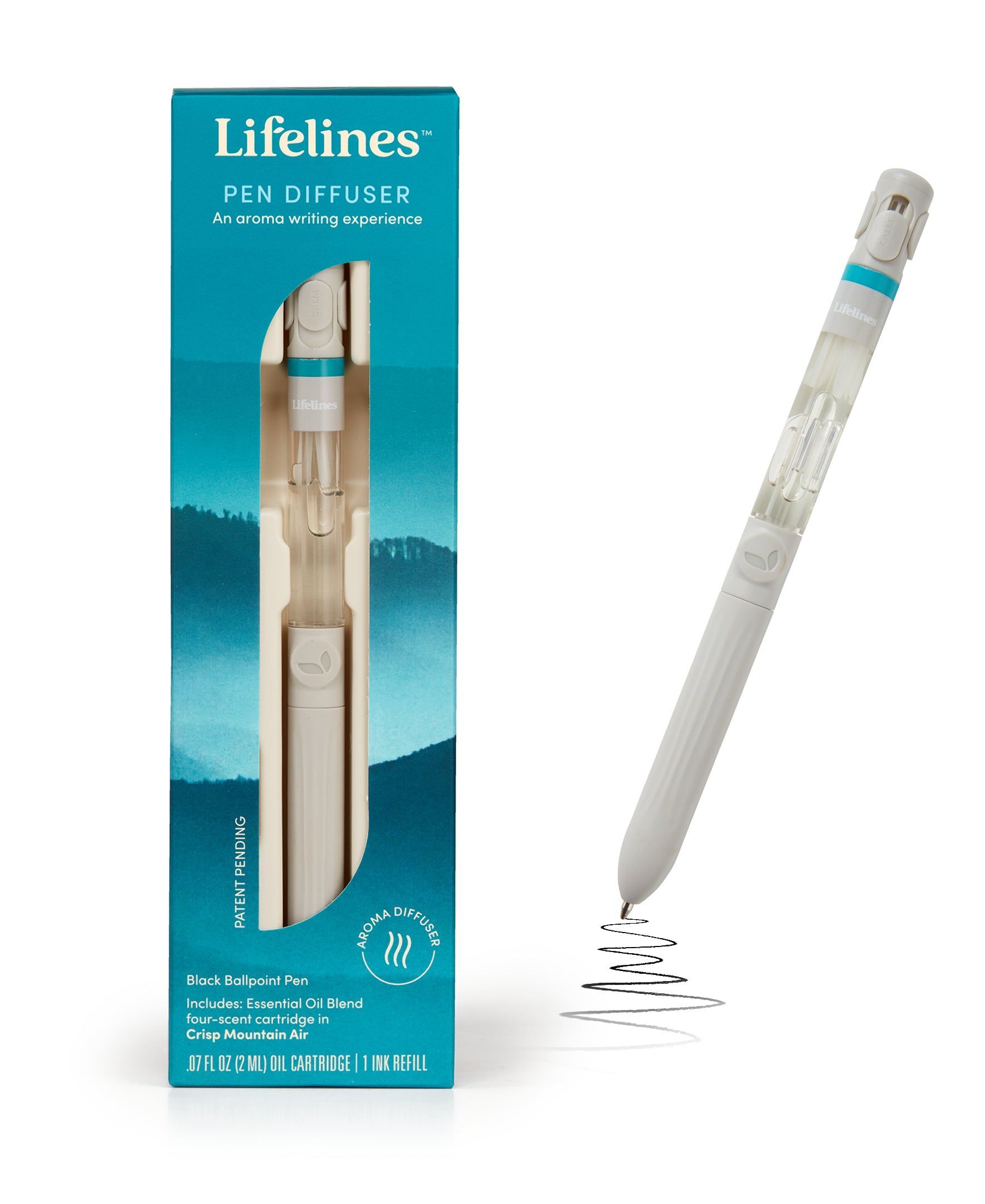 A lifelines pen diffuser with a pen next to it