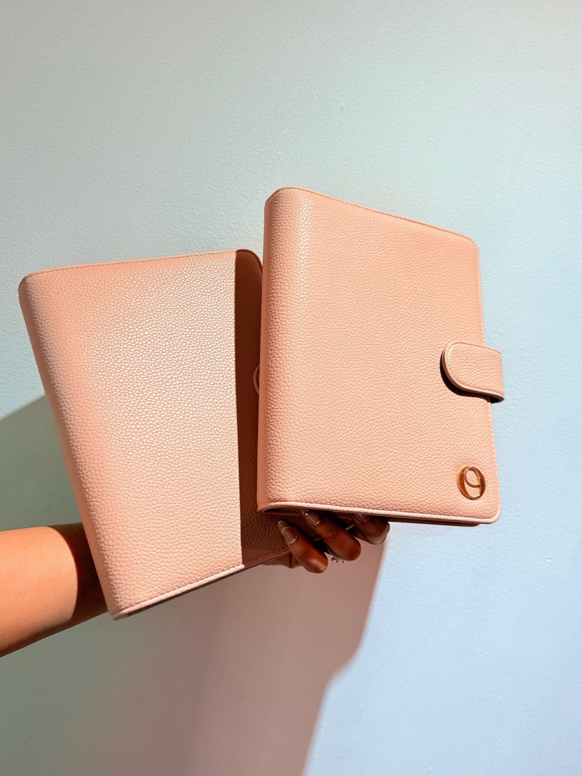 A person is holding two pink wallets in their hands.