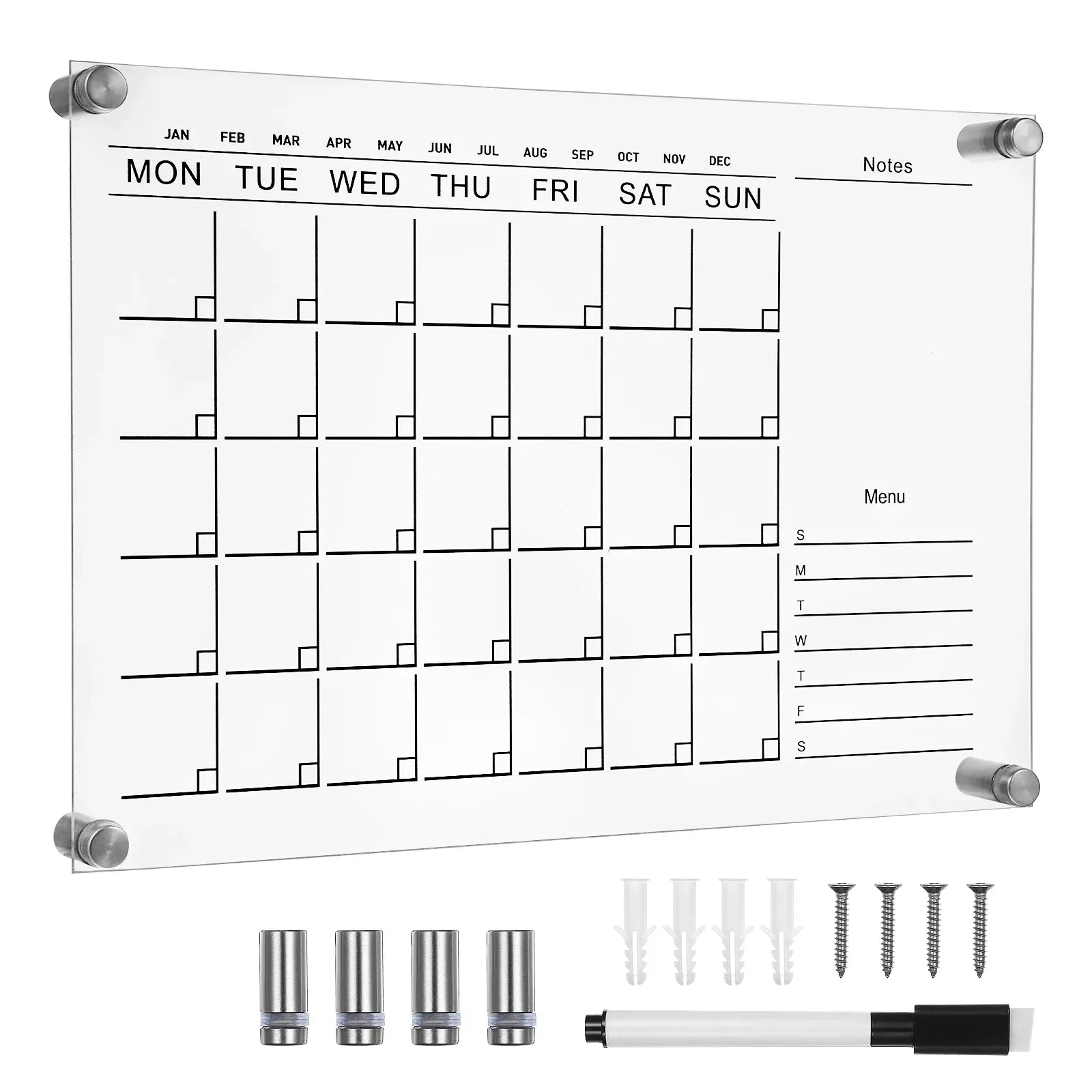 A clear acrylic calendar with a marker and screws