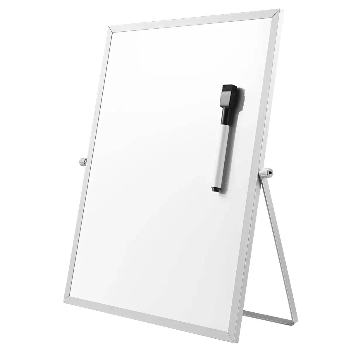 A whiteboard with a marker attached to it.