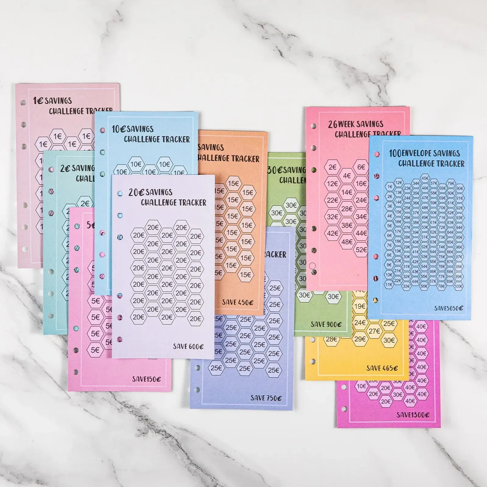 A bunch of different colored cards with numbers on them