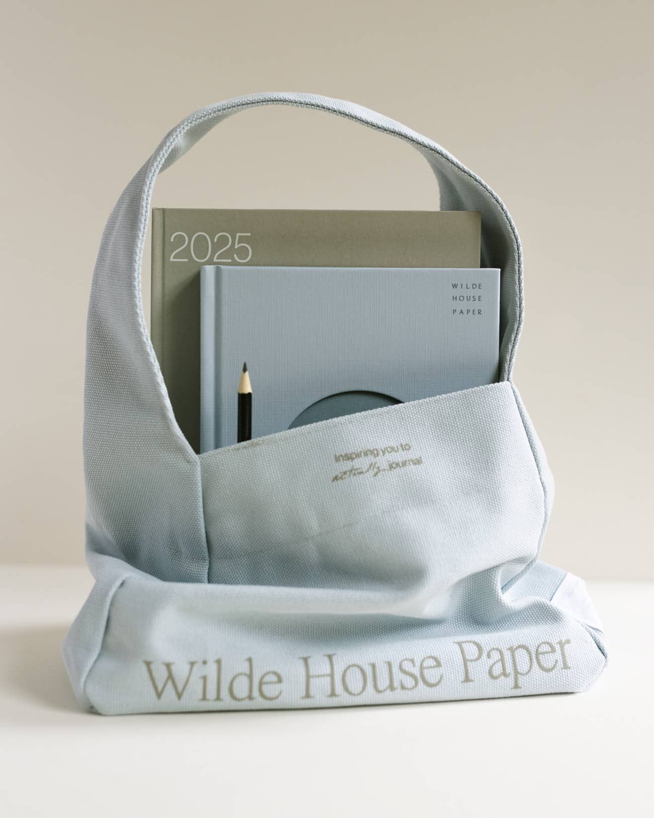A light blue wilde house paper bag filled with books and a pencil