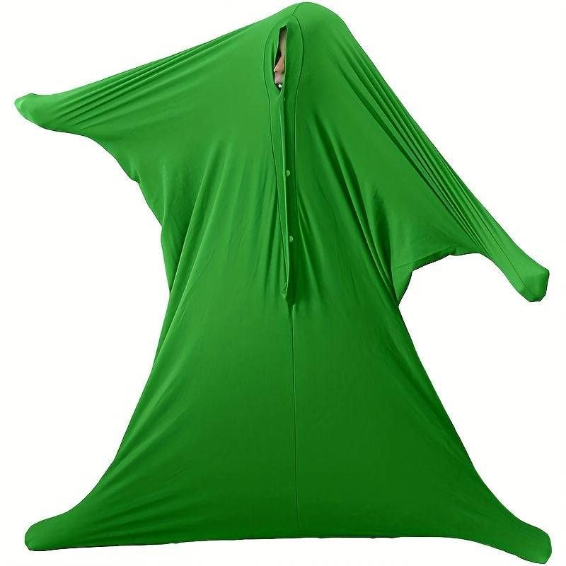 A green cloth with a zipper in the middle of it
