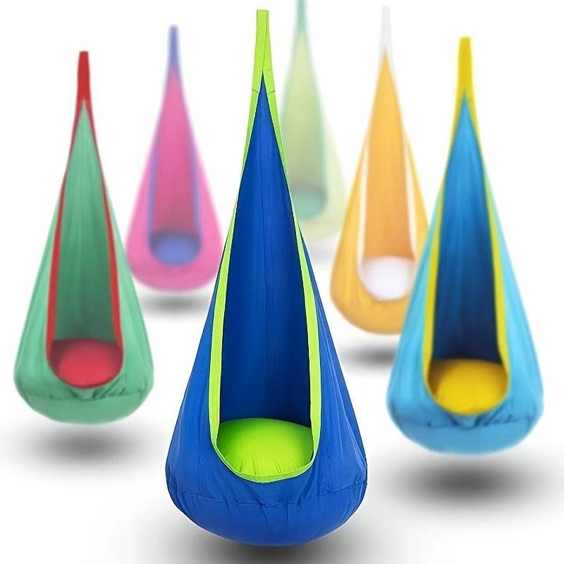 A group of colorful hanging chairs with tennis balls in them