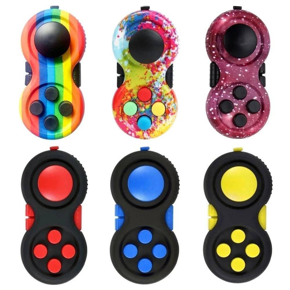 A bunch of different colored fidget toys on a white background