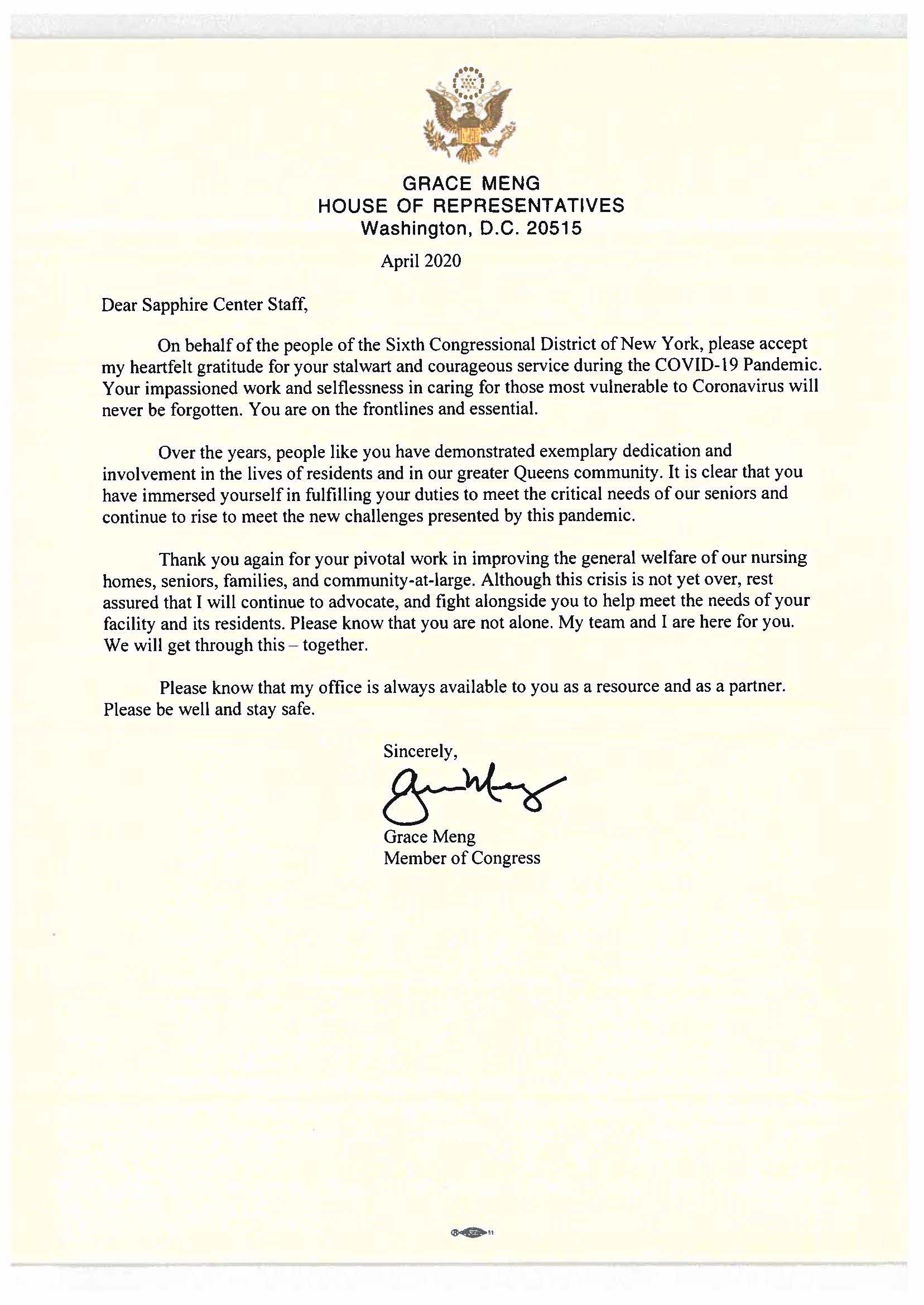 Sapphire Center letter from Congress