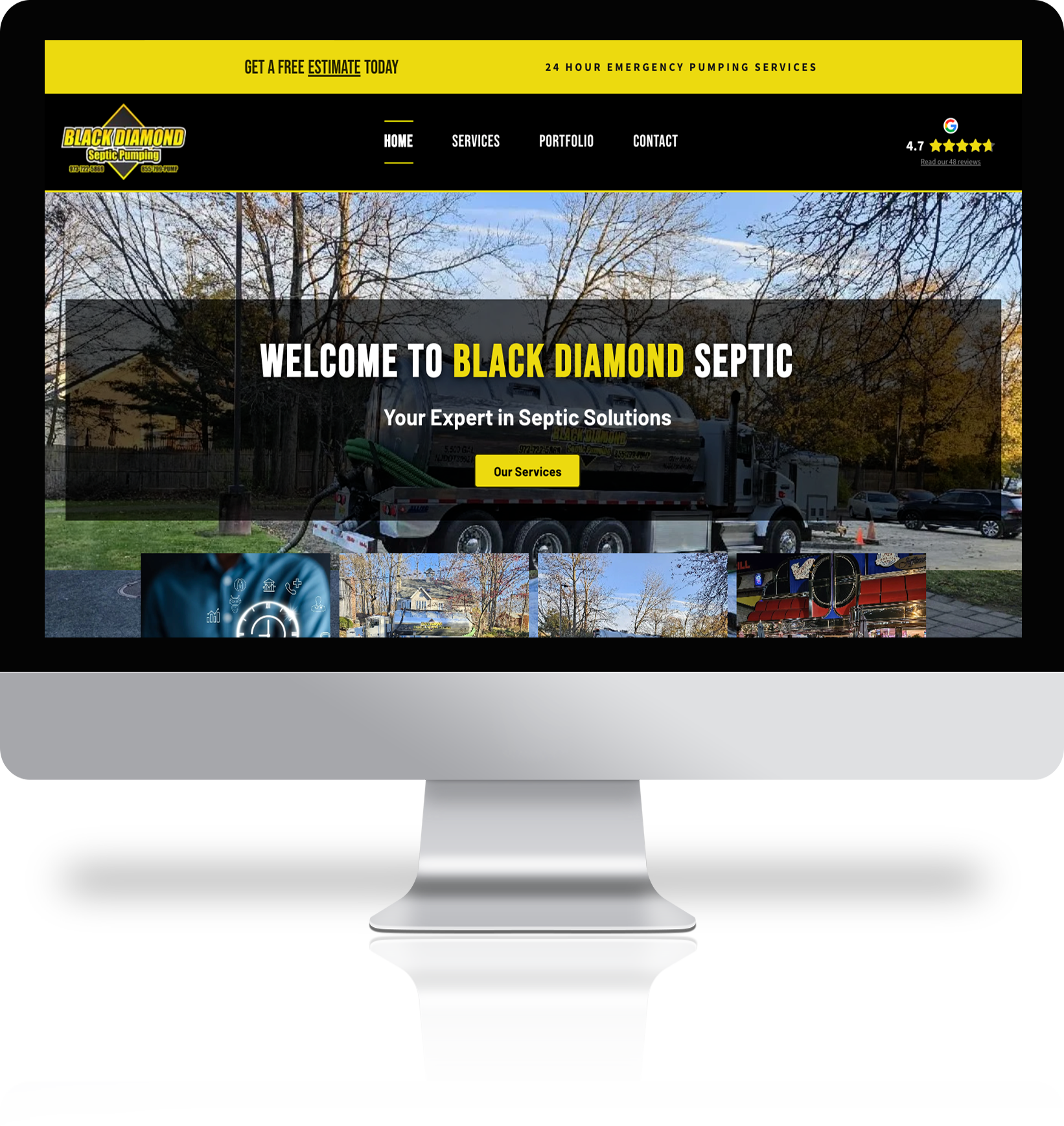 A computer monitor is displaying a website for black diamond septic.